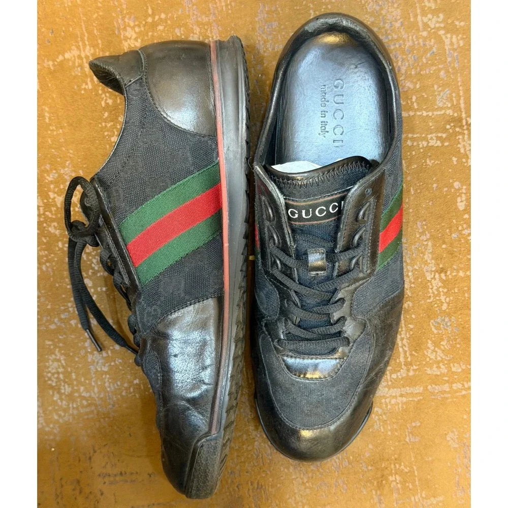 Gucci Mens 231715 GG Supreme Web Stripe Black Leather Low Top Sneakers 9.5 G